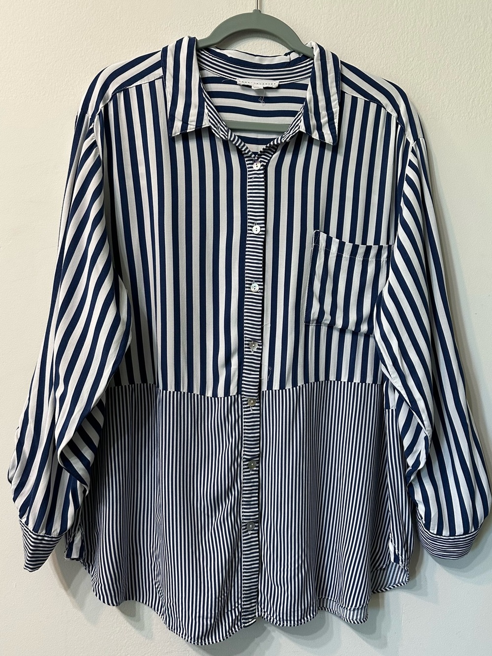 Jane+Delancey 1X Navy Blue White Mixed Stripe Button Down Shirt Blouse Plus Size